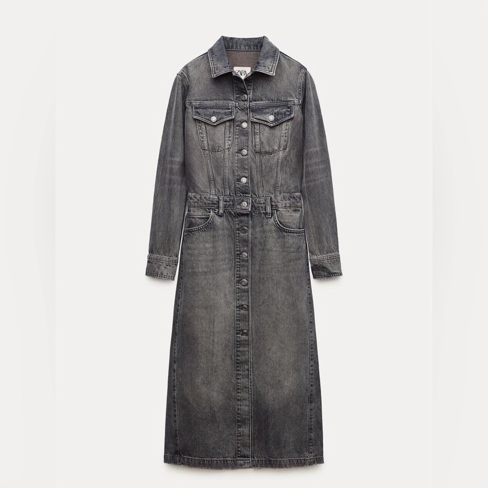 Zara NWT Washed Black Denim Midi Maxi Dress Button Front Size M
